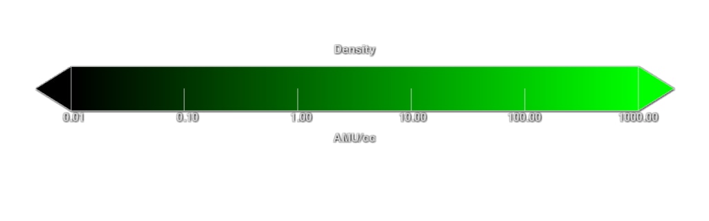 Color bar representing changes in plasma density, in atomic mass units (AMU) per cubic centimeter. This is roughly equal to the number of hydrogen ions per cubic centimeter. Color bar representing changes in plasma density, in atomic mass units (AMU) per cubic centimeter. This is roughly equal to the number of hydrogen ions per cubic centimeter.