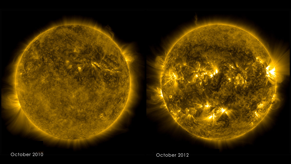 The sun was calm in fall 2010 (left), but had cycled toward solar maximum and a more active and varied solar atmosphere by fall 2012 (right). The sun was calm in fall 2010 (left), but had cycled toward solar maximum and a more active and varied solar atmosphere by fall 2012 (right).