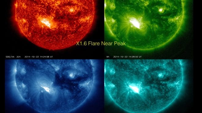 X1.6 solar flare near its peak - shown in 4 SDO/AIA wavelengths.