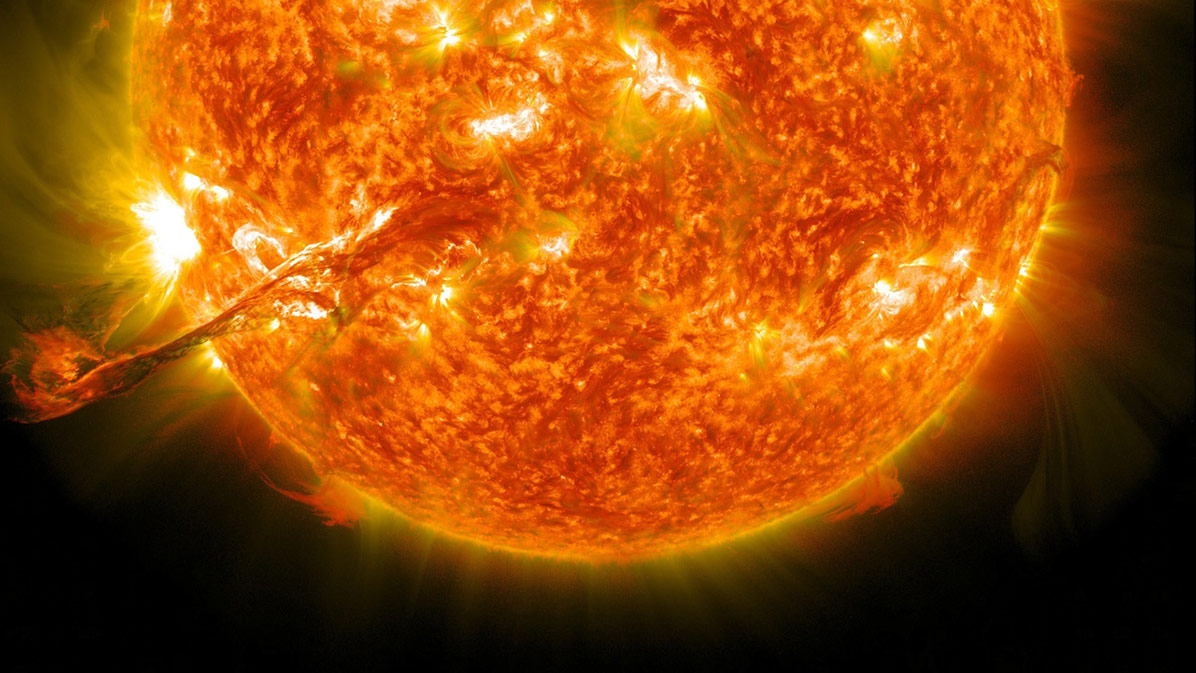 Two wavelengths were blended in one image to create this SDO view of a large solar eruption in Aug. 2012. Two wavelengths were blended in one image to create this SDO view of a large solar eruption in Aug. 2012.