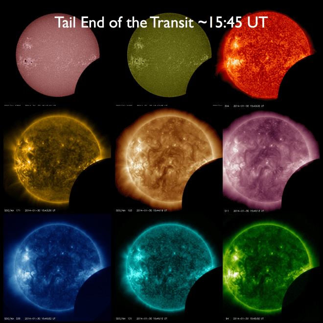 Tail end of the transit Tail end of the transit ~15:45 UT, roughly 11 minutes left, shown with all 9 SDO/AIA wavelengths.