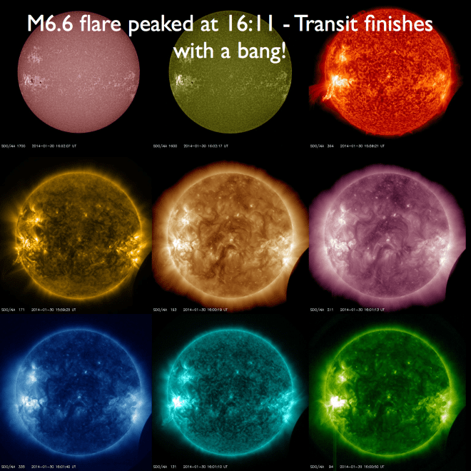 The transit ends with a bang! The transit ends with a bang!, an M6.6 flare peaked at 16:11 from AR11967. These images are from just before the flare peak at around 16:00 UT (11:00 EST) again in all 9 SDO/AIA wavelengths.