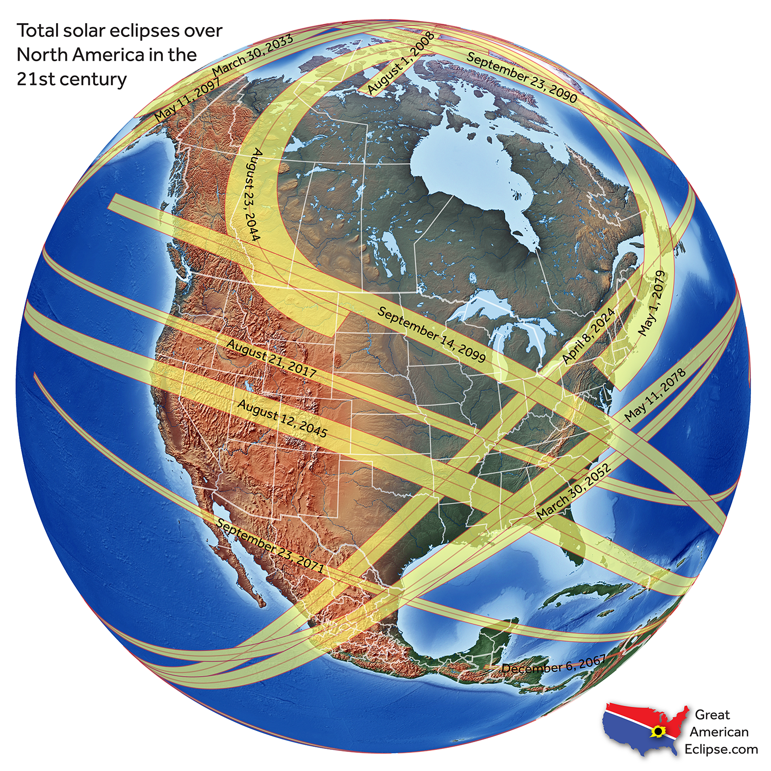 CREDIT: www.greatamericaneclipse.com - All the total solar eclipses across North America during the 21st century. CREDIT: www.greatamericaneclipse.com - All the total solar eclipses across North America during the 21st century.