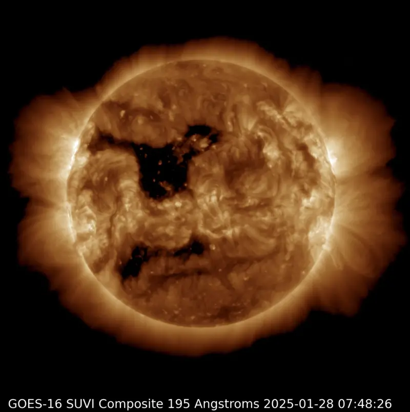 Sun news: The sun, with two large, irregular dark areas on its face.